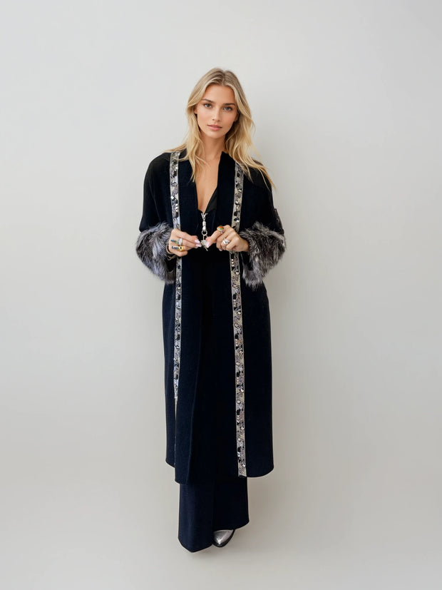 Luxe Beaded Maxi Cardigan – Black with Silver Embellishment