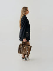 Vintage Luxe Cowhide Tote – Statement Carryall with Chain Detail