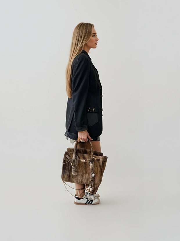 Vintage Luxe Cowhide Tote – Statement Carryall with Chain Detail