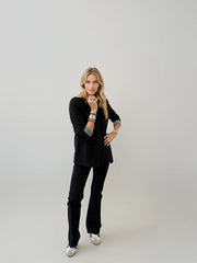 Black Clean Blazer with Stripe Sleeve Lining and Floral Interior | Women’s Classic Blazer