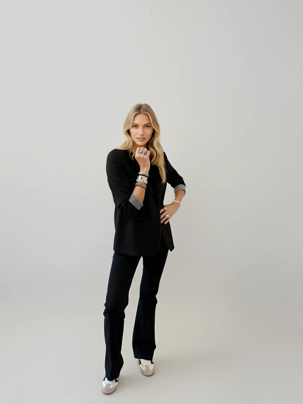 Black Clean Blazer with Stripe Sleeve Lining and Floral Interior | Women’s Classic Blazer