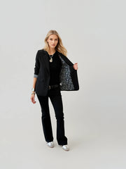 Black Clean Blazer with Stripe Sleeve Lining and Floral Interior | Women’s Classic Blazer