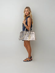 Silver Taupe Cowhide Oversized Hand Bag  – Luxe Statement Bag with Gold or Silver Chain Detail