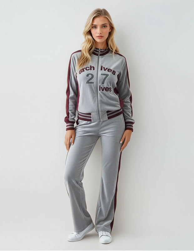 Archive 27 Women’s Velour Tracksuit Set – Silver &amp; Burgundy