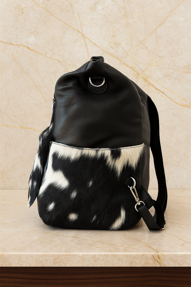 Black Versatile Leather Cowhide Travel Bag – Convertible Backpack, Shoulder Bag, and Weekender