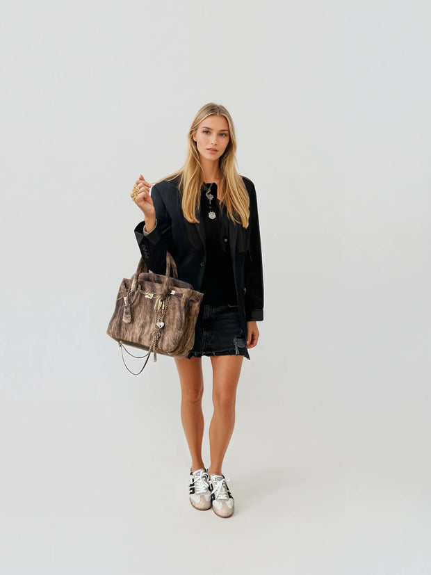 Vintage Luxe Cowhide Tote – Statement Carryall with Chain Detail