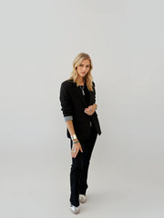 Black Clean Blazer with Stripe Sleeve Lining and Floral Interior | Women’s Classic Blazer