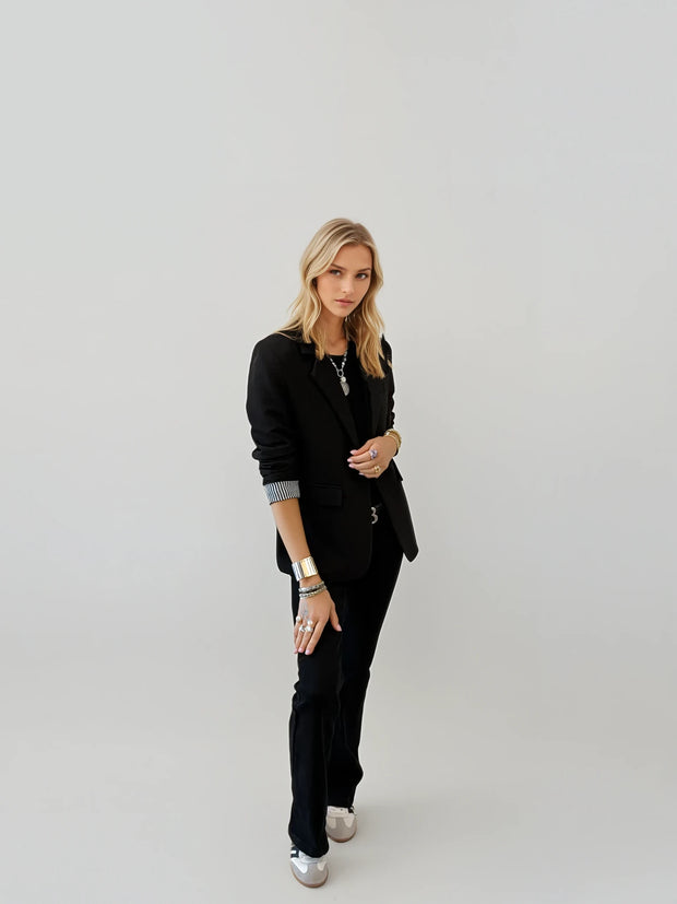 Black Clean Blazer with Stripe Sleeve Lining and Floral Interior | Women’s Classic Blazer