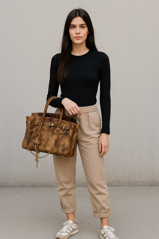 Vintage Luxe Cowhide Tote – Statement Carryall with Chain Detail