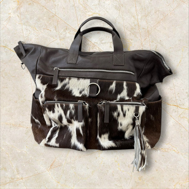 Brown Leather Cowhide Travel Tote – Convertible Shoulder, Backpack & Handheld Bag