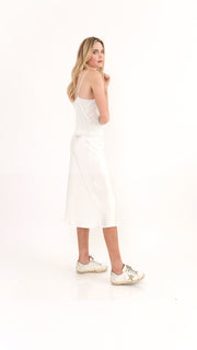 Shine White Satin Midi Skirt