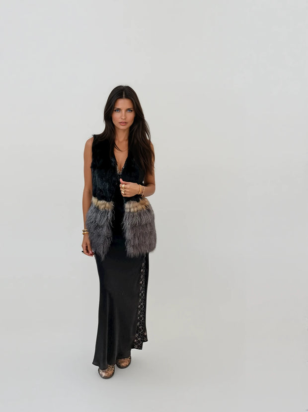 Malibu Road Mongolian Lamb, Fox &amp; Rabbit Fur Vest – Black, Grey &amp; Beige