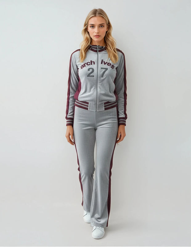 Archive 27 Women’s Velour Tracksuit Set – Silver &amp; Burgundy