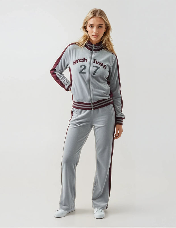 Archive 27 Women’s Velour Tracksuit Set – Silver &amp; Burgundy