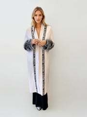 Luxe Beaded Maxi Cardigan – Silver & Black Embellished with Vintage Raccoon