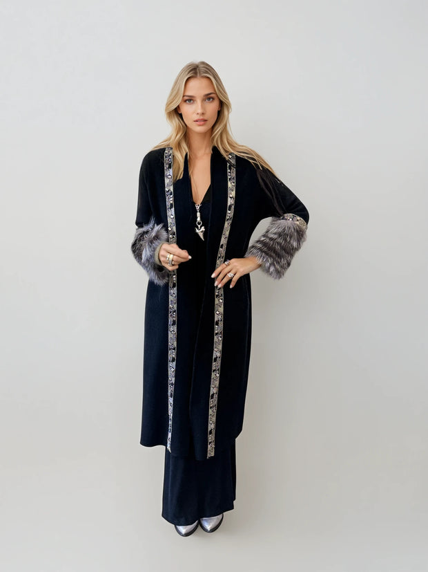 Luxe Beaded Maxi Cardigan – Black with Silver Embellishment